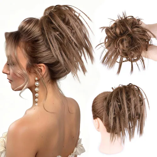 Miniatura 19 de HMD - Extensiones de cabello tipo chongo alborotado con rodelo despeinado, banda elástica de goma, extensiones de cabello sintético para mujer