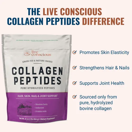 Miniatura 3 de Live Conscious Polvo de péptidos de colágeno – Soporte para el cabello, la piel, las uñas y las articulaciones – Colágeno tipo I y III – Proteína
