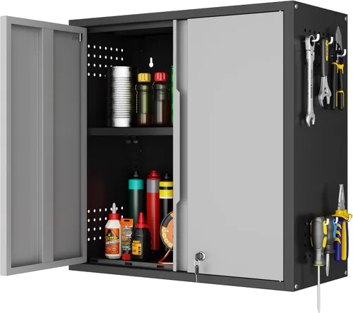 Miniatura 15 de Armario de Almacenamiento de Metal para Garaje con Ruedas, Armario para Escobas con Cerradura con Estantes Ajustables, Gabinete de Herramientas