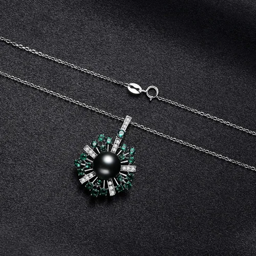 Miniatura 6 de VIKI LYNN 0.394-0.433 in AAA Negro Tahití Cultivado Perla Colgante Collar Joyería para Mujeres con Espinela Verde, Plata esterlina Perla Zirconia