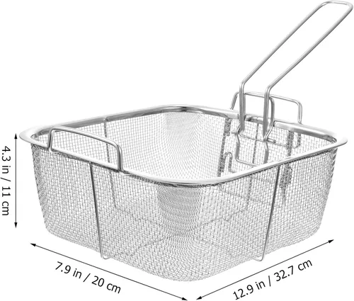 Miniatura 9 de Hemoton Cesta cuadrada de acero inoxidable para freír de 12.9 x 7.9 pulgadas con mango plegable, colador de freidora profunda para papas fritas