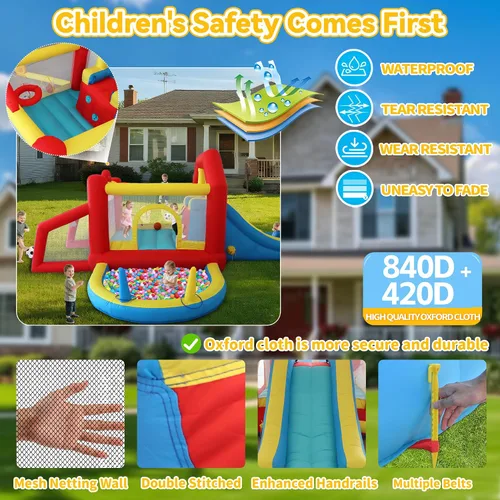 Miniatura 7 de Casa inflable de rebote para niños de 9 en 1 con tobogán alto, piscina de pelotas, juego de fútbol de habilidad, juego de sacos de arena