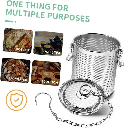 Miniatura 9 de Yardwe Cesta guisada de acero inoxidable, colador de cocina para condimentos, infusor de especias con gancho de cadena larga, ideal para sopas
