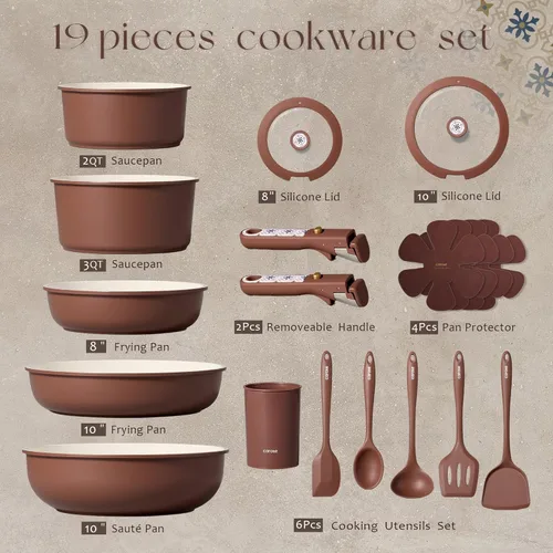 Miniatura 2 de CAROTE Juego de 21 utensilios de cocina de cerámica, juego de ollas y sartenes antiadherentes, no tóxicos, mango desmontable, juego de cocina