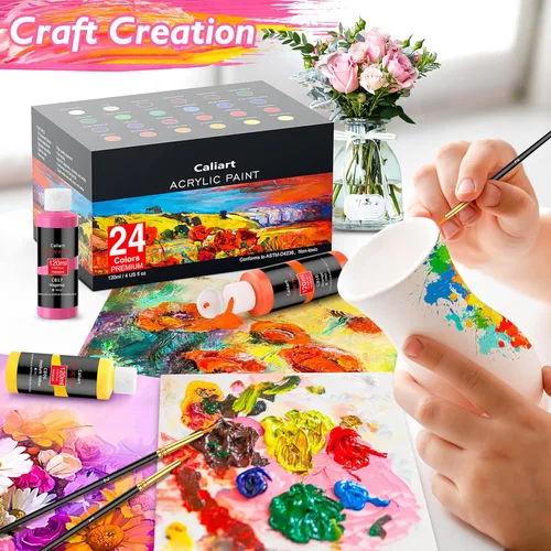 Miniatura 5 de Caliart Juego de pintura acrílica de 24 colores, botellas grandes de 4 onzas / 4.1 fl oz con 12 pinceles, kit de pintura artesanal para adultos