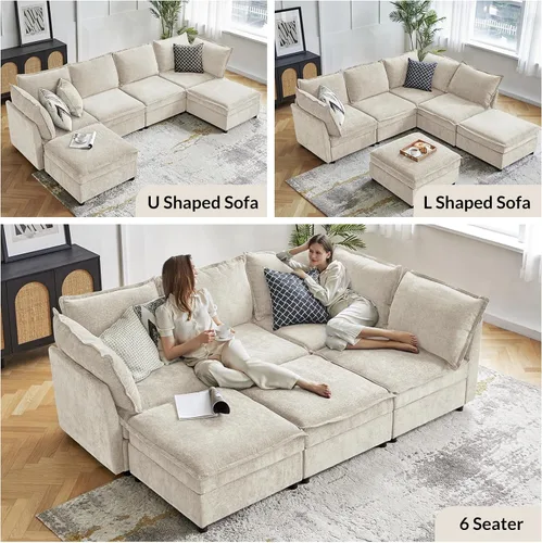 Miniatura 7 de HULALA HOME Sofá seccional modular, sofá grande en forma de U de 8 asientos con otomano de almacenamiento, sofá cómodo de chenilla con asiento
