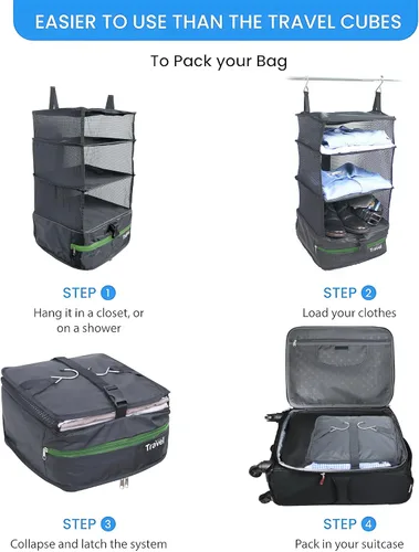 Miniatura 7 de Grand Fusion Stow-N-Go Organizador de equipaje de viaje Estantes de viaje colgantes portátiles, organizador de armario de mano, cubos de embalaje