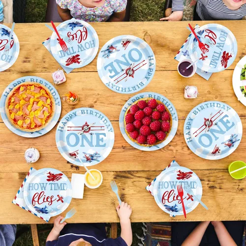 Miniatura 6 de 96 piezas de decoraciones de primer cumpleaños de avión para niños, juegos de platos y servilletas de primer cumpleaños de avión rojo y azul