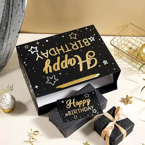 Miniatura 5 de WRAPAHOLIC Bolsa de regalo de cumpleaños grande de 13 pulgadas con tarjeta y papel de seda, bolsas de papel con letras de estrella negra y feliz