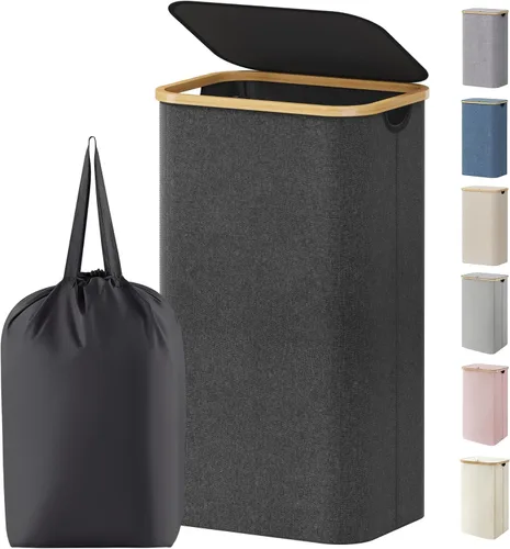 Miniatura 33 de Lifewit Cesta de ropa de 120L con tapa, cestas de ropa para lavandería con asas de bambú y una bolsa de lavandería extraíble, cesta plegable grande