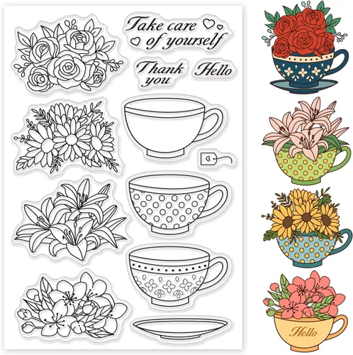 GLOBLELAND Sellos transparentes para tazas y flores, de silicona, para hacer tarjetas, manualidades, álbumes de recortes, manualidades, álbum de