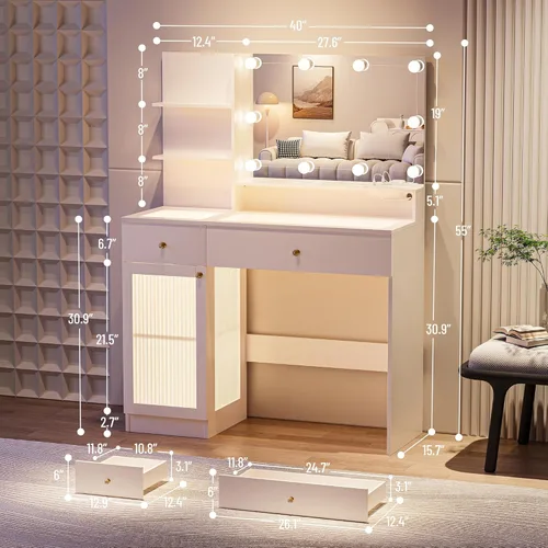 Miniatura 3 de INNOD Escritorio de tocador de 40 pulgadas con espejo grande y luces, moderno juego de tocador de maquillaje con tapa de vidrio con toma