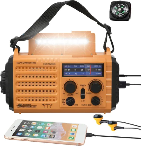 NOAA - Radio meteorológica AM/FM/onda corta, radio de emergencia de 5 vías, 5000 mAh/18500 mWh, manivela solar, cargador de teléfono portátil con