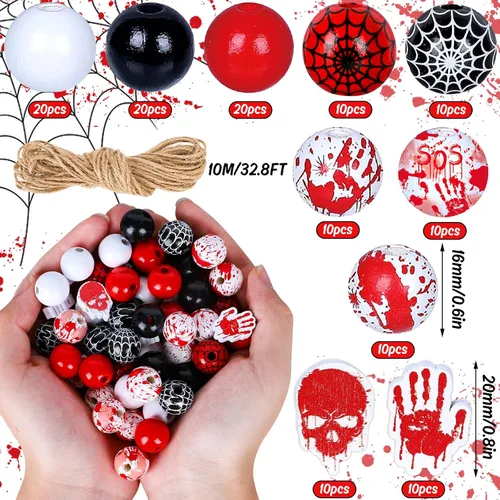Miniatura 2 de Whaline 130 cuentas de madera de Halloween de 0.632 pulgadas (0.630 in) con cuentas de madera de truco o trato sangriento, telaraña, cuentas