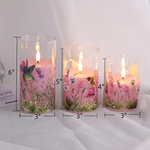 Miniatura 2 de Eywamage Velas de cristal sin llama de colibrí rosa con control remoto, velas LED parpadeantes de pilar de batería, juego de 3, decoración