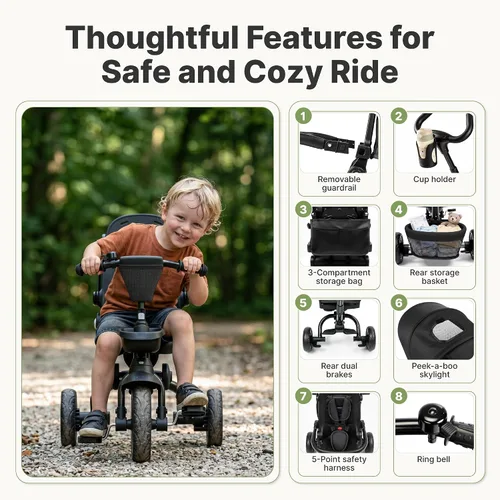 Miniatura 4 de Triciclo 8 en 1 para niños, cochecito de triciclo plegable con asiento reversible, varilla de empuje ajustable y toldo, bicicleta triciclo