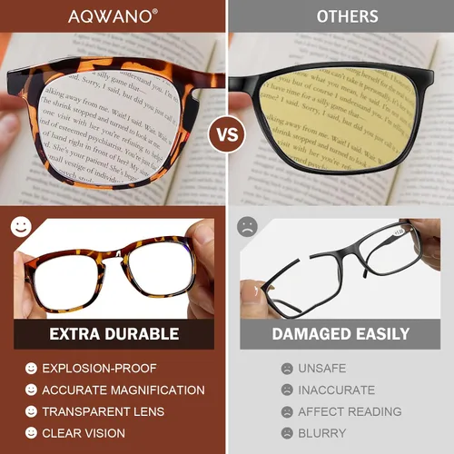 Miniatura 6 de AQWANO Anteojos de lectura de calidad para hombres y mujeres, cuadrados, bloqueo de luz azul, con bisagras de resorte cómodas, 3.5