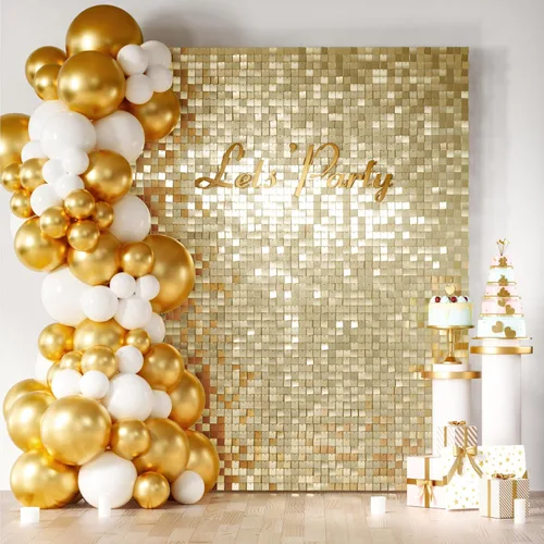 COKAOBE Telón de fondo de pared brillante dorado claro, 24 piezas de paneles de decoración de telón de fondo de lentejuelas doradas, fondos de fotos