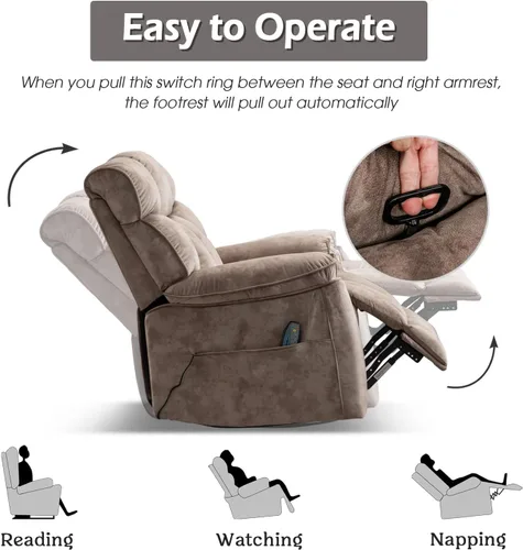 Miniatura 6 de INZOY Sillón Reclinable Balancín de Gran Tamaño con Calor y Vibración, Silla Reclinable Mecedora Giratoria Manual con Masaje Vibratorio, Sillón