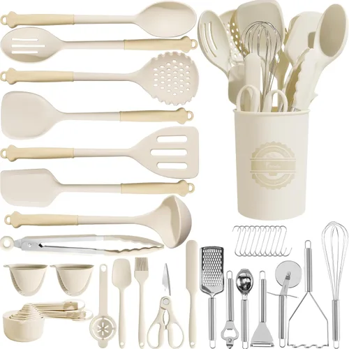 Kikcoin Juego de 43 Utensilios de Cocina Grandes - Juego de Utensilios de Cocina de Silicona, Juego de Espátulas Apto para Lavavajillas para Crema