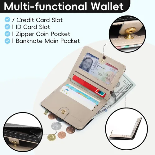 Miniatura 3 de Billetera pequeña para mujer, con bloqueo RFID, de piel, plegable, para tarjetas de crédito, con ventana de identificación, con cremallera, bolsillo