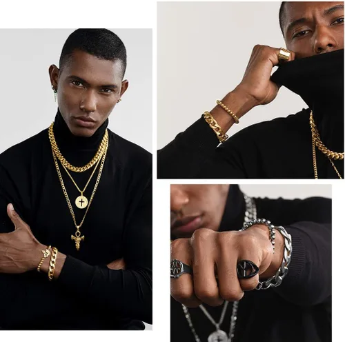 Miniatura 3 de PROSTEEL Pulsera de eslabones cubanos para hombre, negrooro de 18 quilates, acero inoxidable 316L, joyería de hip hop, ancho 0.236 in0.354 in0.512