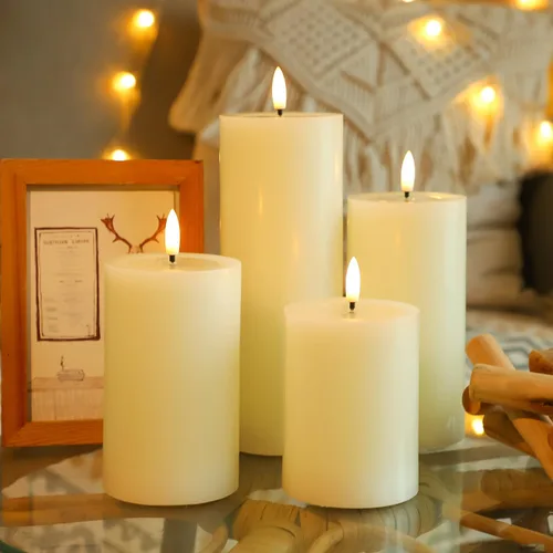 Miniatura 5 de Lezonic Velas LED de color marfil sin llama con temporizador remoto, paquete de 4 velas parpadeantes, diseño de grasa, pilar de cera real