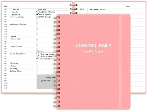 Agenda diaria sin fecha: agenda sin fecha con horarios, artículos de acción y seguimiento, cuaderno organizador diario A4 para aumentar la Rosado
