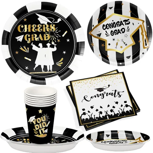 KatchOn, Platos y servilletas de graduación 2024 – Paquete de 100, sirve 25 | Suministros para fiesta de graduación 2024 | Decoraciones de Negro