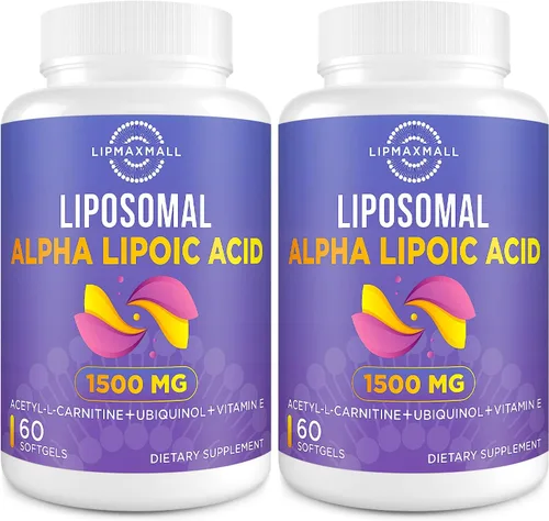 lipmaxmall Ácido alfa liposomal lipoico 1500 mg - con acetil-L-carnitina 900 mg y ubiquinol 100 mg y vitamina E 15 mg, suplemento ALA para
