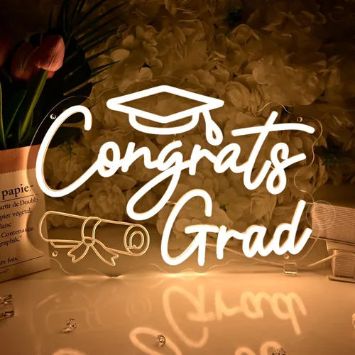 Miniatura 8 de Britrio Letrero de neón con texto en inglés "Congrats Grad" para graduación, celebración, fiesta, decoración iluminada, clase de 2026