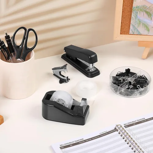 Miniatura 6 de SKYDUE Juego de suministros de oficina negros, accesorios de escritorio negros, grapadora, dispensador de cinta, tijeras, carpeta/clips de papel