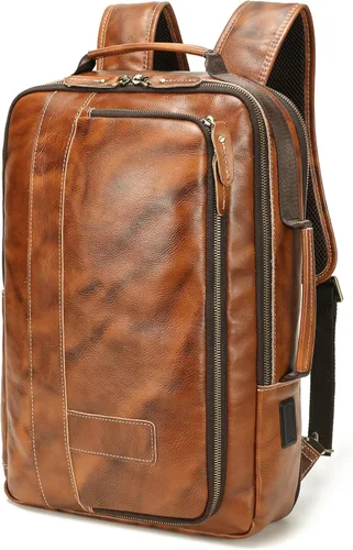Miniatura 10 de Lannsyne Mochila de cuero de grano completo expandible 15.6 para computadora portátil, bolsa de viaje de hombro marrón, Marrón, L, Portátil