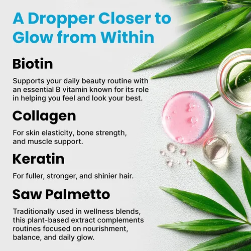 Miniatura 2 de 4 en 1 Biotina Líquida Colágeno Queratina Palmetto 25000 mcg Gotas Cabello Piel y Uñas Vitaminas con Biotina y Suplemento de Colágeno 2.0 fl oz
