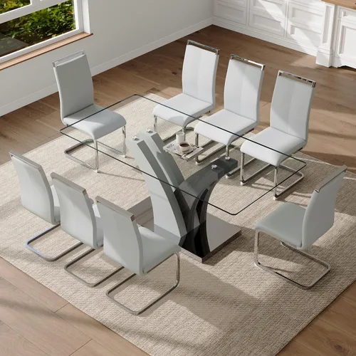 Miniatura 8 de Juego de mesa de comedor de cristal para 6, juego de mesa de cocina de 71 pulgadas para 6, juego de mesa de comedor grande con sillas de piel