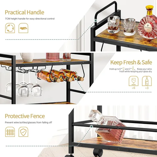Miniatura 2 de Carrito de bar, carrito de servir para el hogar, carrito de microondas, carrito de bebidas, estante de cocina móvil con estante para vino y soporte