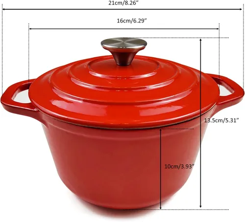 Miniatura 2 de HAWOK Horno holandés de hierro fundido esmaltado de 1.5 cuartos de galón, diámetro 6.3 pulgadas con tapa, rojo