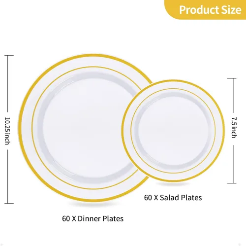 Miniatura 3 de Goodluck 120 platos de plástico dorados, platos dorados desechables resistentes con 60 platos llanos de 10.25 pulgadas y 60 platos de postre de 7.5