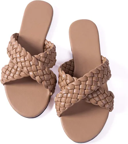 Sandalias planas para mujer con tiras cruzadas de cuero trenzado color piel sandalias de moda para fiestas noche y bodas