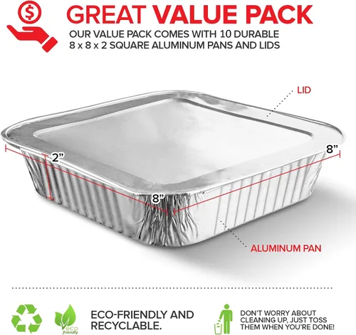 Miniatura 2 de Sartenes de aluminio de 8 x 8 con tapas (paquete de 10) sartenes cuadradas de aluminio de 8 pulgadas con tapas, bandejas de aluminio y tapas