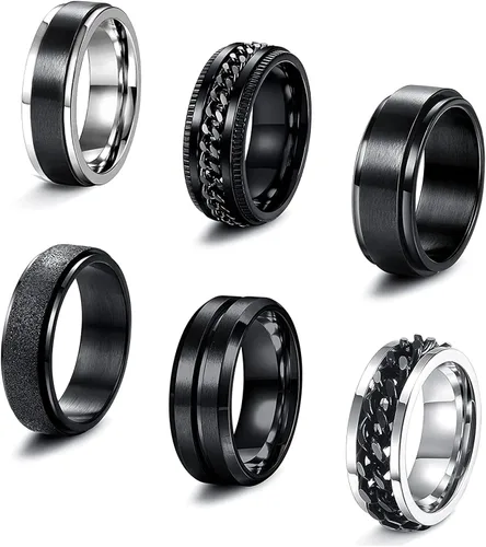 sailimue Juego de 6 anillos giratorios negros de 039 pulgadas para hombres y mujeres anillos de acero inoxidable para aliviar la ansiedad y el