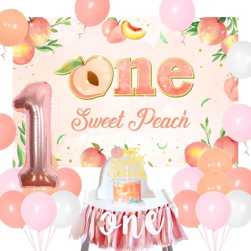 Miniatura 6 de Decoración de cumpleaños de durazno dulce para el primer cumpleaños, decoración para niñas, un dulce melocotón, telón de fondo para primera silla