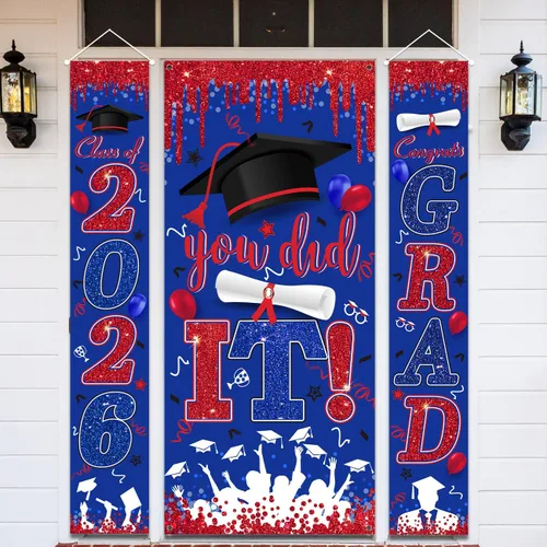 Miniatura 7 de Decoraciones de graduación negras y doradas para la clase de 2026 con texto en inglés "Congrats Grad and You Did It" para suministros de fiesta