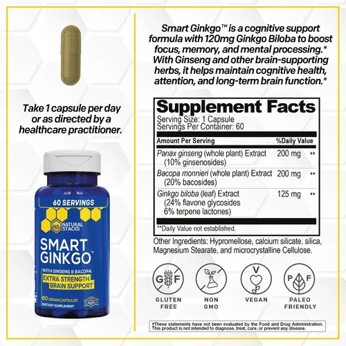 Miniatura 4 de NATURAL STACKS Paquete de suplemento Smart Ginkgo Biloba y Smart NMN - Soporte cerebral extra fuerte y apoyo NAD+* - 120 cápsulas totales