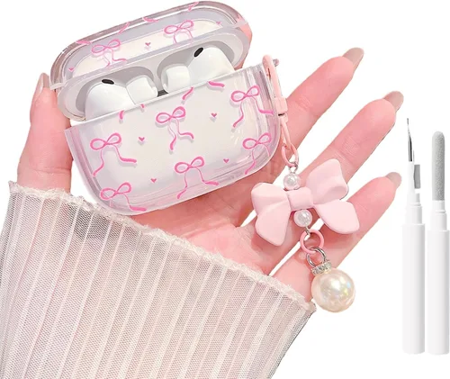 Miniatura 11 de MINSCOSE Funda para AirPods Pro de 2ª/1ª generación, diseño de corazón con lazo de cinta femenina con bonito llavero de perla, funda protectora