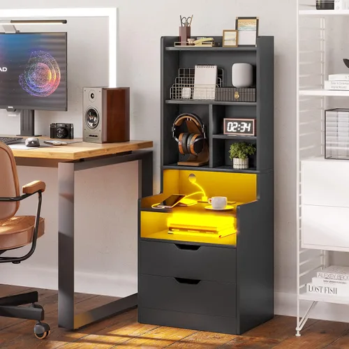 Miniatura 7 de BTHFST Mesita de noche alta con luces LED y estación de carga, mesita de noche LED negra con estantes y 2 cajones, mesita de noche con estantería
