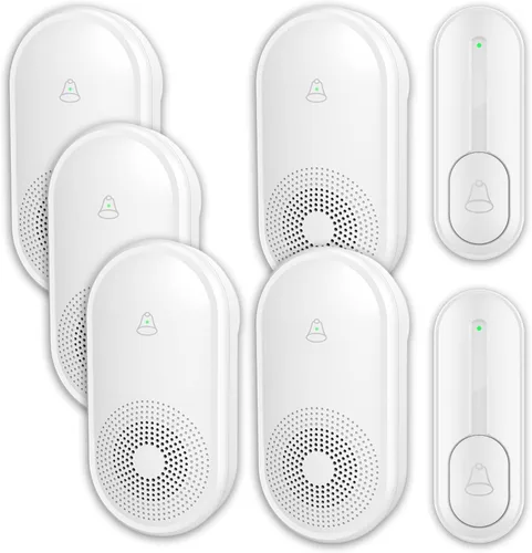 Timbre inalámbrico con 5 receptores, 2 botones, timbre impermeable IP55, timbre remoto de 1000 pies/984.3 ft, 55 campanas de 5 volumen, LED
