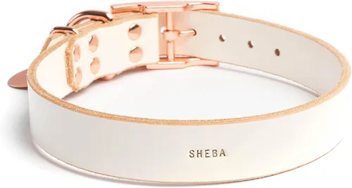 Miniatura 16 de Collar de cuero personalizado hecho a mano para perro con bridón grabado con el nombre de la mascota, herrajes en tono cobre/oro rosa (negro)