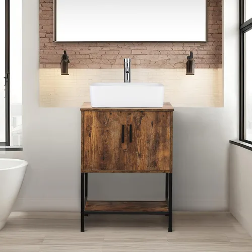 Miniatura 21 de UEV Tocador de Baño de Roble Rústico de 24" con Lavabo, Conjunto de Gabinete de Baño con Marco de Hierro Industrial con Puertas y Estante, con Combo