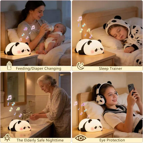 Miniatura 6 de FAMIDUO Luz nocturna de panda con ruido blanco, máquina de sonido para bebé pequeño, entrenador de sueño blando de silicona, luz nocturna recargable